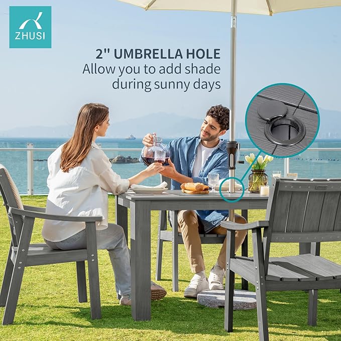 ZHUSI Patio Table and Chairs Set, Outdoor Table and Chairs,HDPE Outdoor Dining Set with Umbrella Hole for Backyard, Poolside, Porch 6 Armchairs