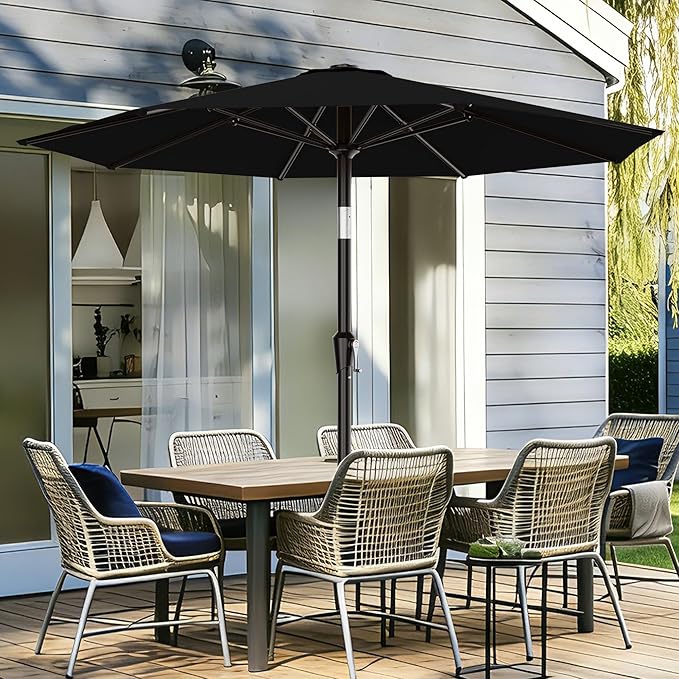 AreShark 9 FT Patio Umbrella for Outdoor, Outdoor Table Umbrella with Push Button Tilt and Crank, Outdoor Patio Umbrellas with 8 Sturdy Ribs for Market, Garden, Pool (Black)