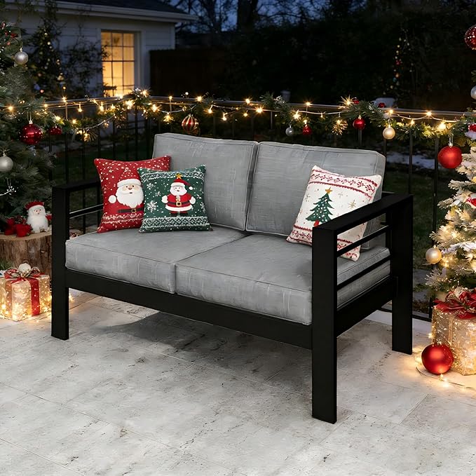 Kiss the Water Outdoor Patio Furniture Loveseat Sofa, All-Weather Metal Aluminum Patio Couch with 5" Thick and Soft Cushion and Wide Arm, Outdoor Couch for Balcony, Porch, Backyard