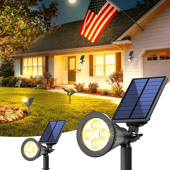 Solar Lights Outdoor Waterproof IP65,3000K Super Bright LED,2 Lighting Modes, Solar Powered Yard Garden Solar Spot Lights for Flag Landscape Auto On/Off-2 Pack