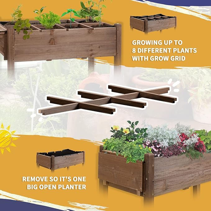 Outsunny Raised Garden Bed with 8 Grow Grids, Wooden Outdoor Plant Box Stand with Folding Side Table and Wheels, 49" x 21" x 34", for Vegetables, Flowers, Herbs, Brown