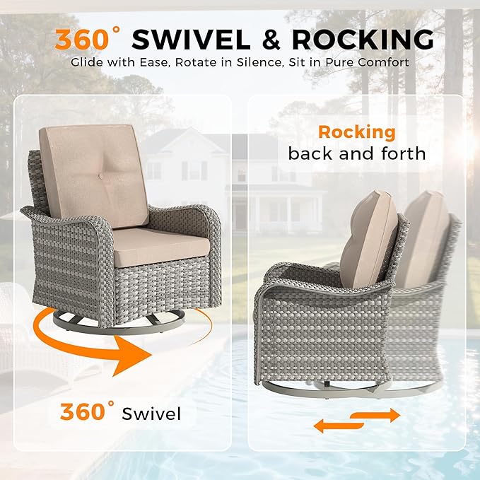 8-Seat Modern Patio Furniture Set with Swivel Rocking Chairs, Thick 4″ Cushions, Dual-Strand Wicker Rattan, Rust-Resistant Steel Frame – Outdoor Conversation & Modular Sectional,Beige