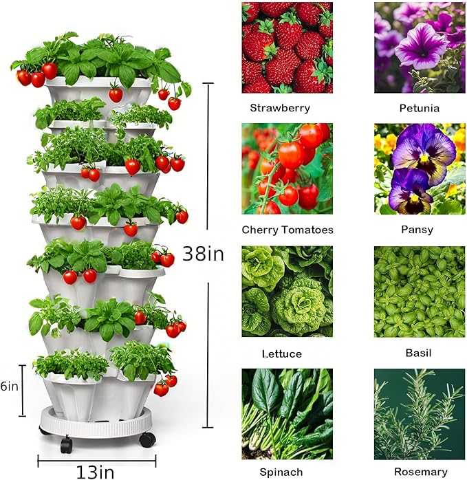 7 Tiered Strawberry Planters 3 Pack, Vertical Stackable Planter, Herb Stacking Tower Garden, Flower and Vegetable Planters with Support Pole Indoor & Outdoor with Removable Wheels - White