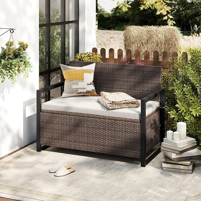 RELAX4LIFE Wicker Outdoor Bench with Storage - Rattan Deck Box w/Protective Liner for Pillows, Pool Supplies, Garden Tools, Patio Loveseat with Seat Cushion & Metal Armrests for Backyard Porch Balcony