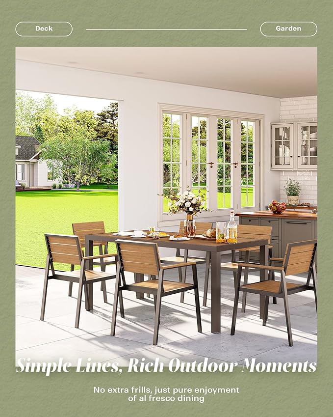 7-Piece Outdoor Dining Set, Aluminum Dining Table Set for 6, Patio Table and Chairs Set with Umbrella Hole, All Weather HDPS Outdoor Table and Chairs for 6 (Gray-Teak)