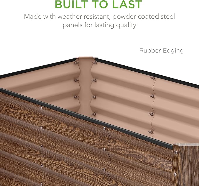 Best Choice Products 4x2x2ft Outdoor Metal Raised Garden Bed, Deep Root Box Planter for Vegetables, Flowers, Herbs, 119 Gallon Capacity, 100% Non Toxic Materials - Dark Brown Wood Grain