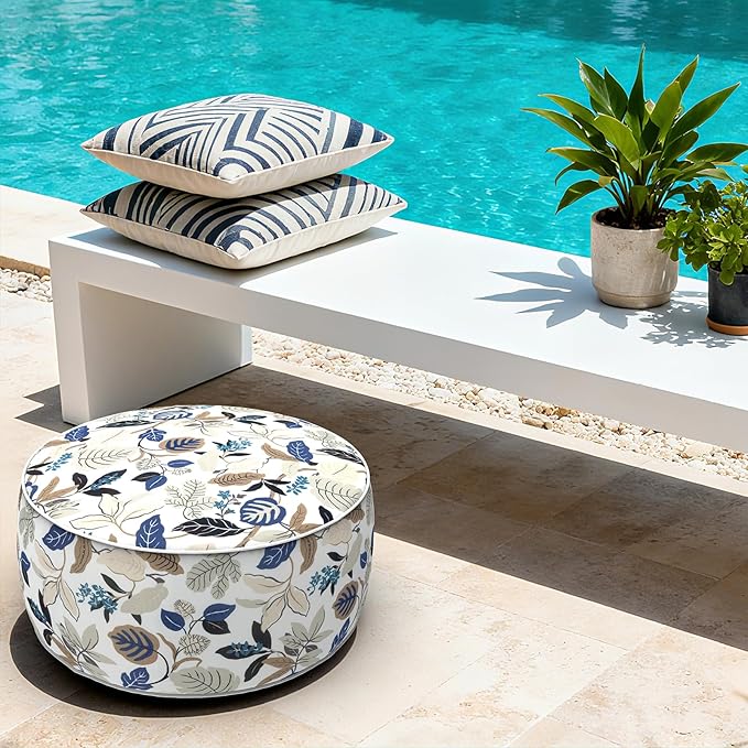 LVTXIII Outdoor Inflatable Ottoman, 21"x21"x9" Patio Fade-Resistant Footrest Stool with Handle, Portable Round Ottoman Pouf for Patio Garden, Camping or Home Use, Breeze Leaves Beige