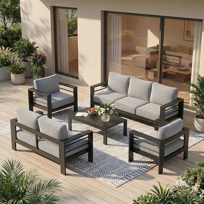 Solaste Aluminum Outdoor Patio Furniture Set, 7 Seats Patio Sectional Sofa with 5" Thick Cushion, Outdoor Patio Set with Coffee Table for Porch, Backyard, Deck, Yard, Light Grey
