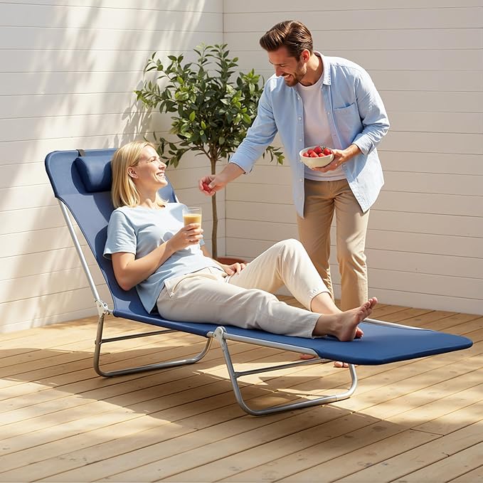 Outsunny Folding Chaise Lounge Chair, Pool Sun Tanning Chair, Outdoor Lounge Chair with Reclining Back, Breathable Mesh Seat, Headrest for Beach, Yard, Patio, Dark Blue