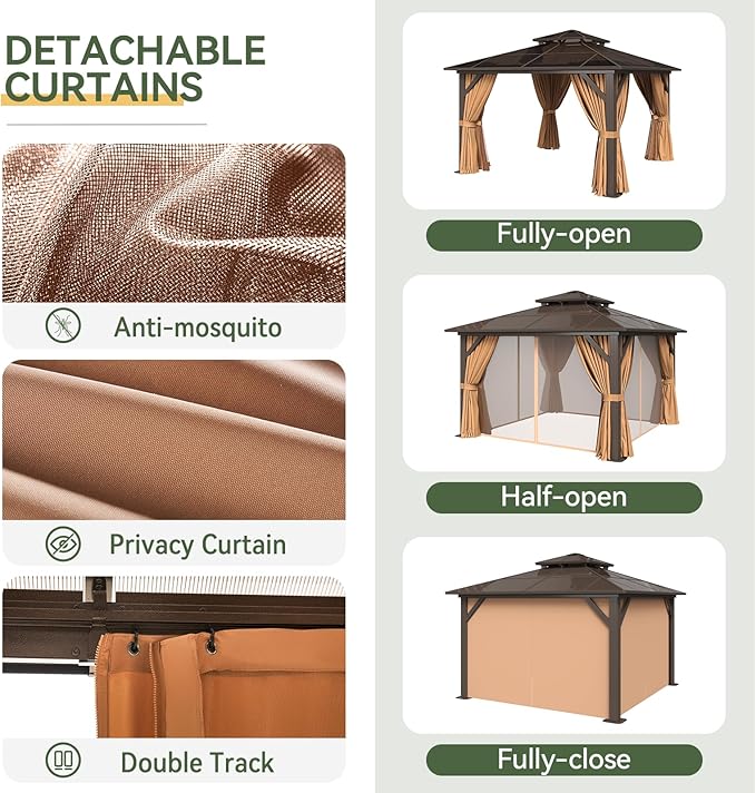 Aoxun 12'x12' Hardtop Gazebo, Aluminum Frame Permanent Pavilion with Curtains and Netting, Outdoor Polycarbonate Double Roof Canopy, Designed for Garden, Lawns, Patio, Brown
