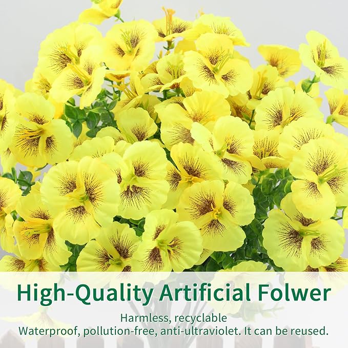 24 Bundles Artificial Pansy Flowers for Outdoor, Faux Silk Pansies Spring Flowers Outside for Planter Front Door Porch Patio Yard Window Box Home Decor (Yellow)
