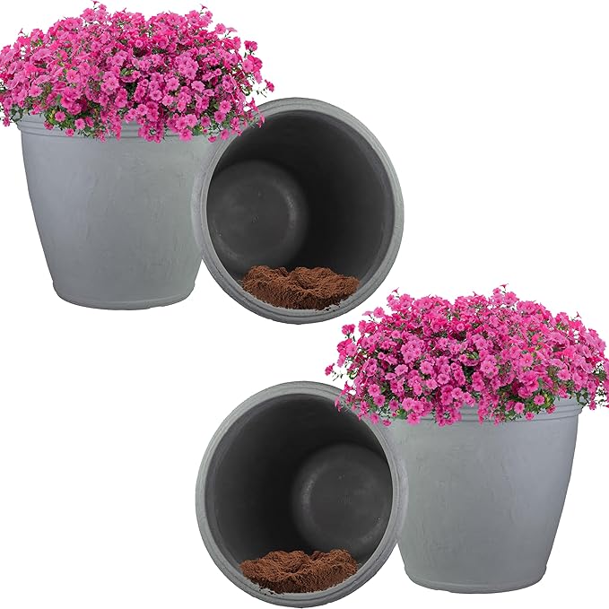 Sunnydaze 24-Inch Anjelica Large Plastic Pot for Plants - Outdoor Double-Walled Large Plastic Planter with Drillable Drainage Holes - Light Gray - 4pk