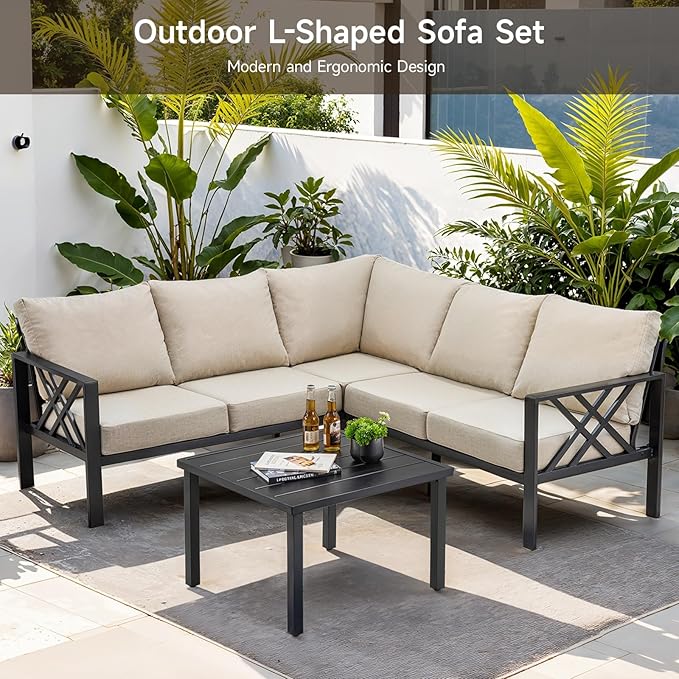Patio Furniture Set, 6-piece Metal Sectional Furniture Sofa with Coffee Table, L Shaped Outdoor Couch with Olefin Cushion, Highback Frame, Outdoor Patio Conversation Sets for Balcony Backyard, Beige
