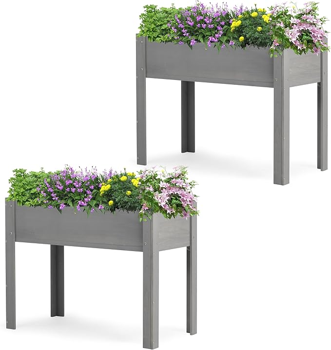 SoliWood Set of 2 Raised Garden Bed with Legs, 40x20x31'', Outdoor Wood Elevated Planter Box, Thick Legs, w/Liner