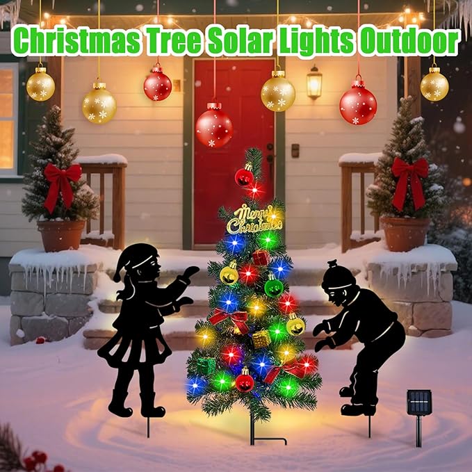 Solar Outdoor Christmas Tree,3 Pack Christmas Outdoor Decorations with Boy and Girl Garden Stakes,Color Changing LED Lights,Waterproof Xmas for Yard,Lawn,Pathway