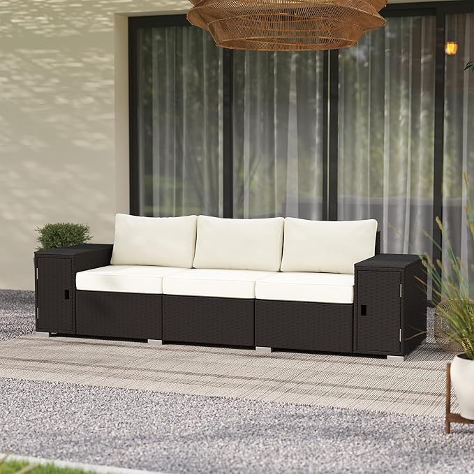 Outsunny 3 Seater Wicker Sofa with 2 Storage Side Tables and Thickened Cushions, Rattan Outdoor Patio Sofa with Wide Armrests, Wicker Outdoor Couch for Porch, Garden, Backyard, Cream White/Brown