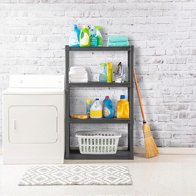 Sterilite 4 Shelf Unit, Heavy-Duty Shelving Storage and Utility Rack - Standing Plastic Organizer Shelves for Kitchen, Bathroom, and Garage