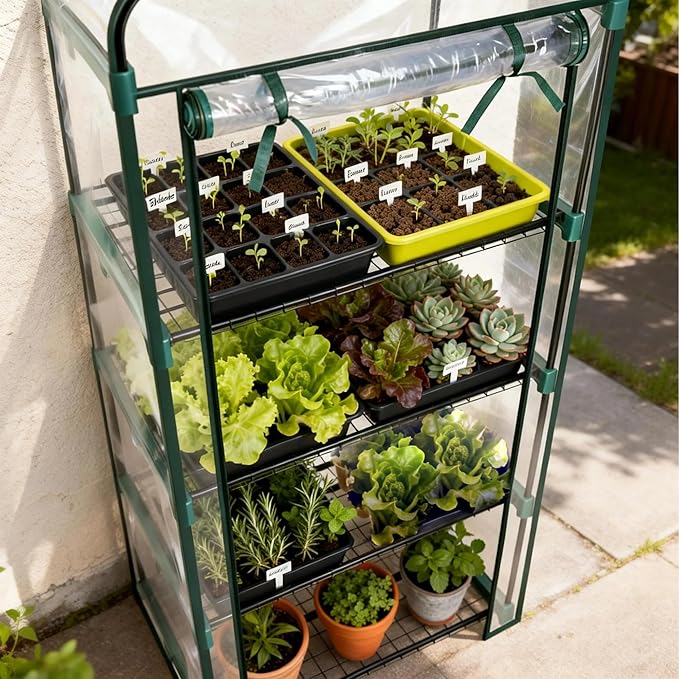 Worth Garden 4 Tier Mini Greenhouse - 63'' H x 27'' L x 19'' W - Sturdy Portable Gardening Shelves with PVC Cover - Small Green House Use in Indoor & Outdoor for Plants Flowers