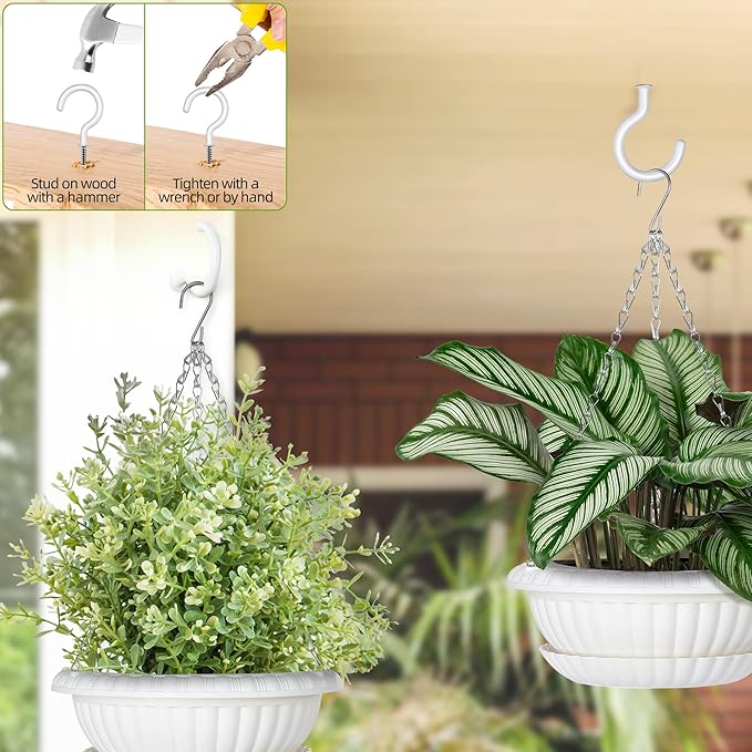 Hanging Planters, 5 Pcs 11" Hanging Pots, White Hanging Flower Pots, Hanging Plant Pots Baskets for Plants with Drainage Trays, Hanging Chains and Ceiling Hooks, Come with Free Garden Tools Set