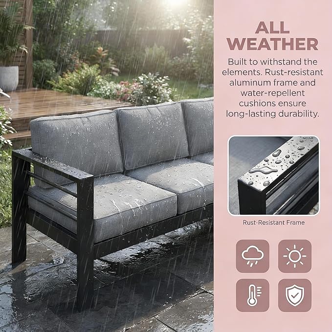 Kiss the Water Outdoor Couch Aluminum Patio Furniture Sofa, 3 Seat All-Weather Metal Patio Couch with 5" Thick and Soft Cushion and Wide Arm, Outdoor Sofa for Balcony, Porch