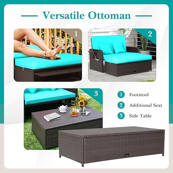 LDAILY Moccha Outdoor Daybed, Wicker Loveseat Sofa Set with 4-Postion Adjustable Backrest, Storage Ottoman, Cushions, Rattan Double Bed Lounger, Patio Furniture Set (Turquoise)