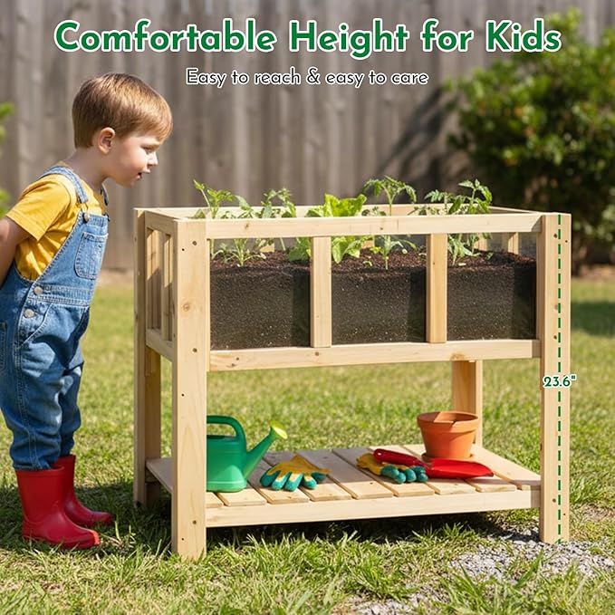 Raised Garden Bed with Transparent Acrylic Side Panels, Elevated Wooden Planter Box with Shelf for Vegetables, Herbs & Flowers,Outdoor Raised Garden Planter for Patio, Balcony & Backyard