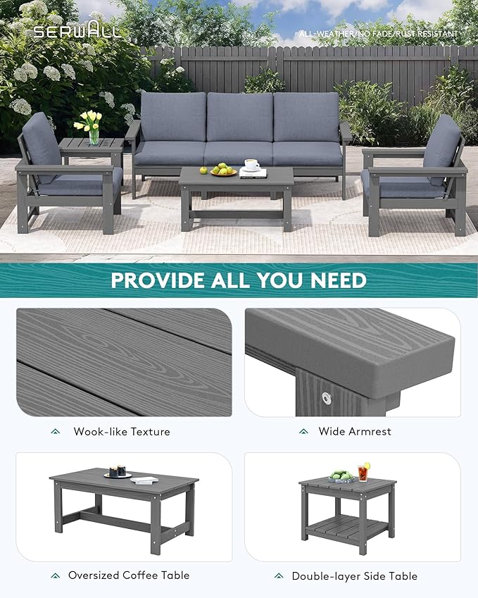 SERWALL HDPE Patio Furniture Set, 7-piece Outdoor Sectional Sofa Set, All Weather Outdoor Couch Set for Deck, Lawn, Grey Frame with Grey Cushion