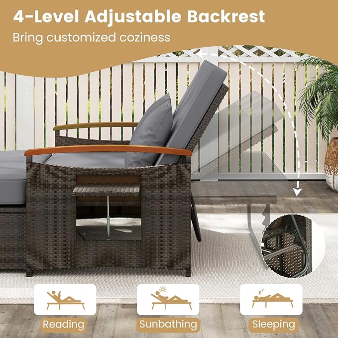 Tangkula Patio Rattan Daybed with 4-Level Adjustable Backrest, Outdoor Wicker Loveseat with Acacia Wood Armrest, Storage Ottoman & Folding Tray, Double Sunbed for Lawn Yard & Poolside, Grey & Brown