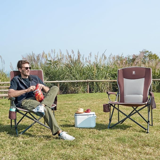 EVER ADVANCED Oversized Folding Camping Chair, for Adults Heavy Duty Lawn Chair with Side Pockets, Portable Collapsible Quad Chair for Outside, Support Up to 500lbs, Red 2Pack