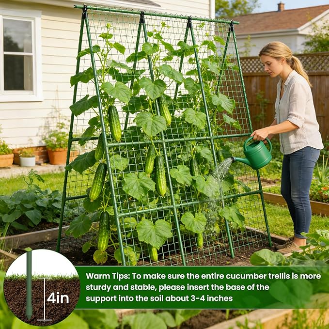 Cucumber Trellis for Raised Bed 48" L x 64" H, 16mm Heavy-Duty Metal A-Shape Arch Trellis, Outdoor Climbing Plant Support for Tomato Pea Zucchini Grape Flowers, Vertical Garden Vegetable Trellis