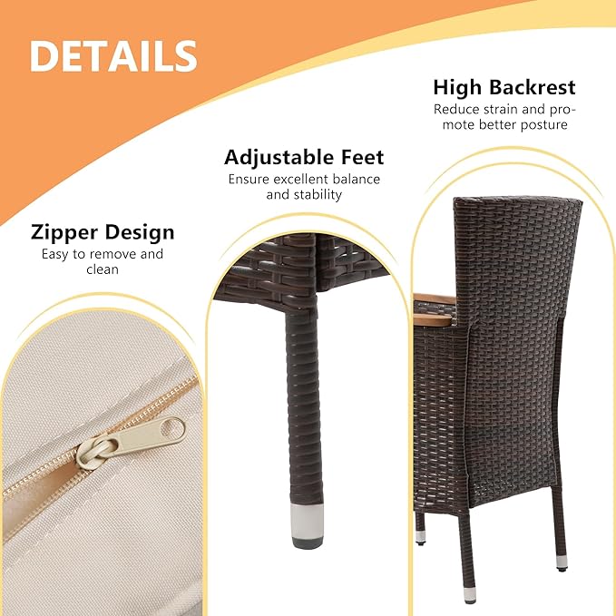 Wisteria Lane Patio Outdoor Table and Chairs Set, Rattan Outdoor Patio Furniture Set with Removable Cushions, Outdoor Patio Dining Sets with Acacia Wood Tabletop for Deck Garden Backyard, Brown