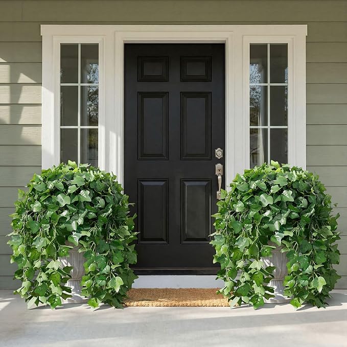 Faux Outdoor Plants Fake Hanging Plants for Outdoors Outside Decorations, 2 Pcs Green Fake Ivy Vines Realistic UV Resistant Artificial Greenery for Planters Porch Garden Yard Front Door Patio Indoor