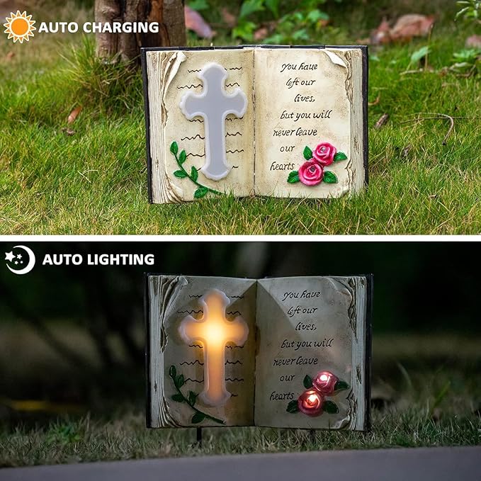 Outdoor Solar Memorial Cross Stakes Lights, Waterproof Book Statue Grave Decorations Sympathy Gifts for Cemetery Garden Lawn Yard Patio Home Decor