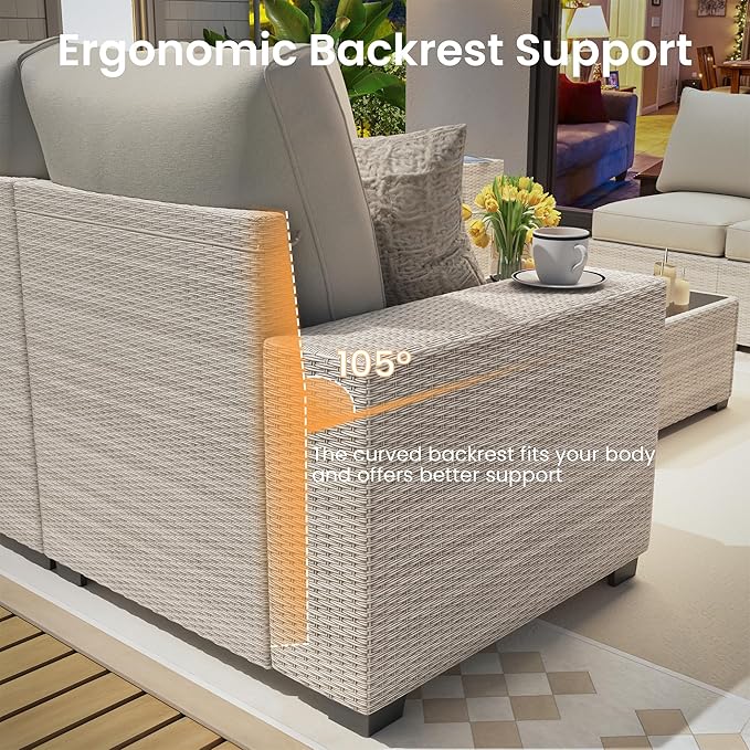 8 Piece Outdoor Patio Furniture Set, Outdoor Sectional Furniture, Rattan & Wicker Modern Modular Conversation Set Sofa Couch W/Water Resistant Washable Thick Cushions and Coffee Table, Beige