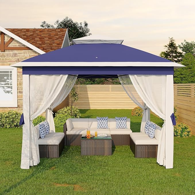 11'x11 Pop-Up Gazebo, Instant Outdoor Canopy Tent with Mosquito Nettings, Durable Steel Frame, Water, and UV Proof, for Patio, Garden, Courtyard, Party (Blue)