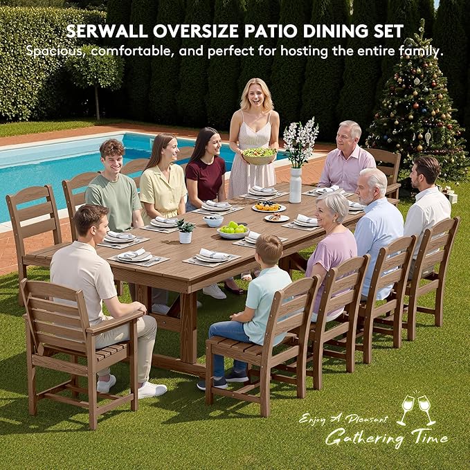 SERWALL 11 Piece Outdoor Dining Set, 84" HDPE Outdoor Table and Chairs for 10，All Weather Patio Furniture Set with Umbrella Hole for Backyard, Garden, Brown