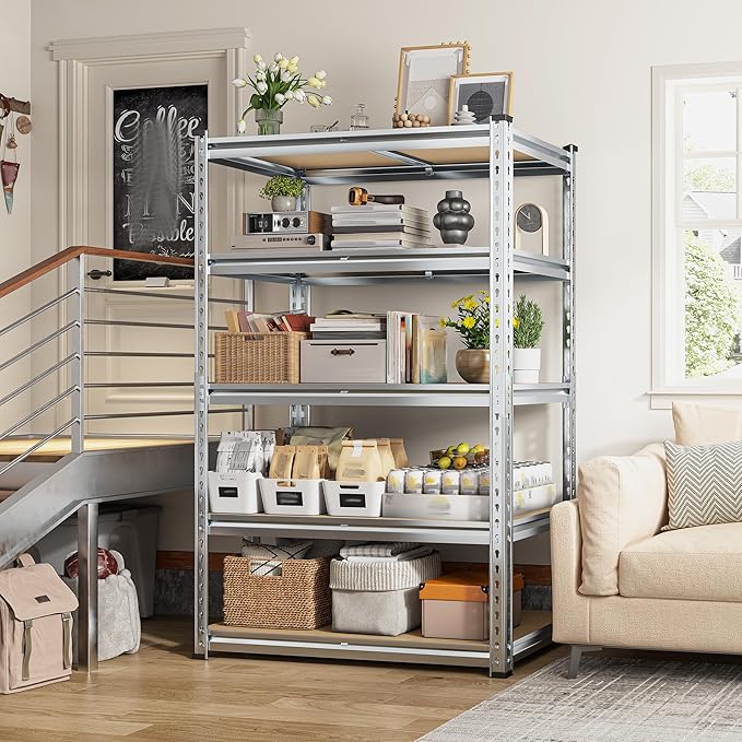 REIBII Garage Shelving, 5 Tier Storage Shelves Load 2400LBS, Adjustable Garage Shelves Heavy Duty, Metal Shelving Unit with Waterproof Columns for Warehouse, 35.5" W x 11.9" D x 72" H, Galvanized