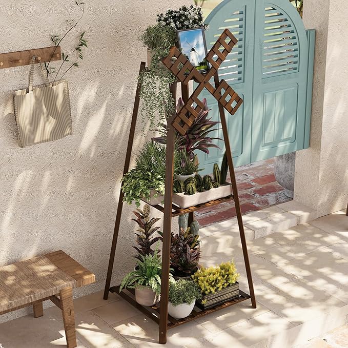 COPREE 3-Tier Tower Plant Stand Display Rack with Windmill Top,Bamboo Vintage Flower Pot Holder Shelf for Patio Balcony Decoration