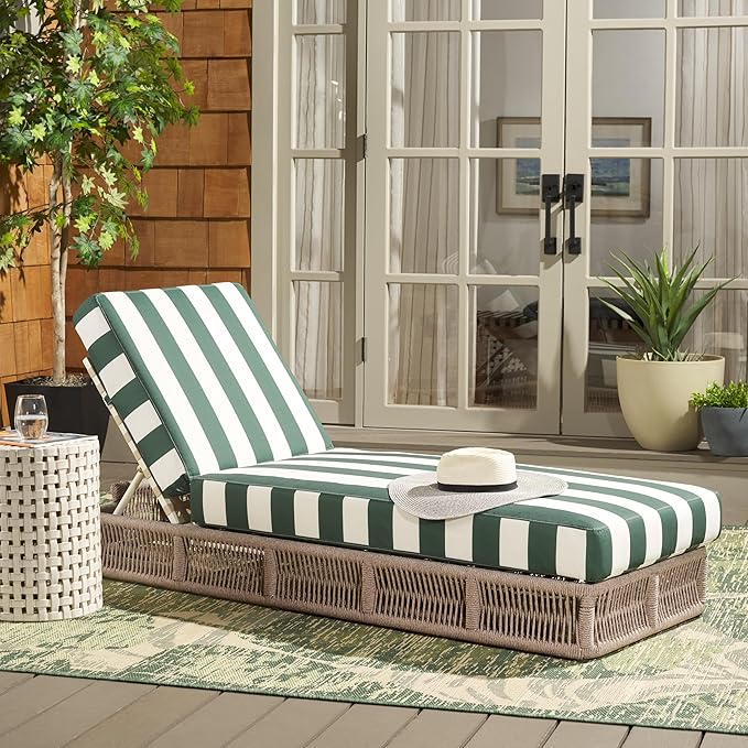 SAFAVIEH Outdoor Collection Gillian Heather Tan & Hunter Green Stripe Chaise Lounge Chair (Fully Assembled)