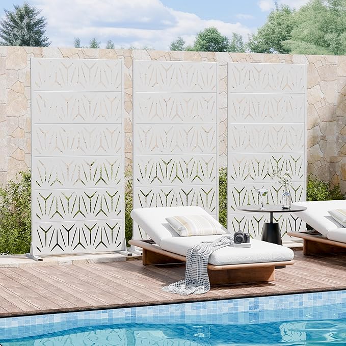 Casaphoria Metal Privacy Screen Outdoor, 72" H x 35" W Freestanding Decorative Privacy Screen for Patio Deck Balcony Garden with Stable Base, White-Star