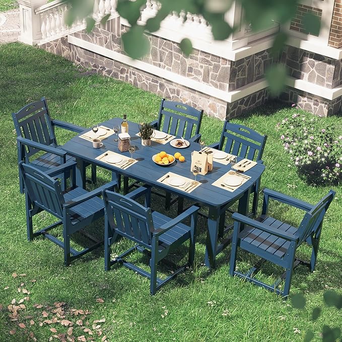 HDPE Outdoor Patio Dining Set with Table & 6 Chairs, All-Weather 7-Piece Outdoor Table and Chairs, 2" Umbrella Hole, Patio Furniture for Garden, Backyard, Deck | Navy Blue