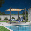 PURPLE LEAF 10' x 10' Aluminum Outdoor Pergola Modern Grape Trellis Retractable Pergola with Double Sun Shade Canopy Metal Pergola with Light for Patios Backyard Deck Garden, Khaki