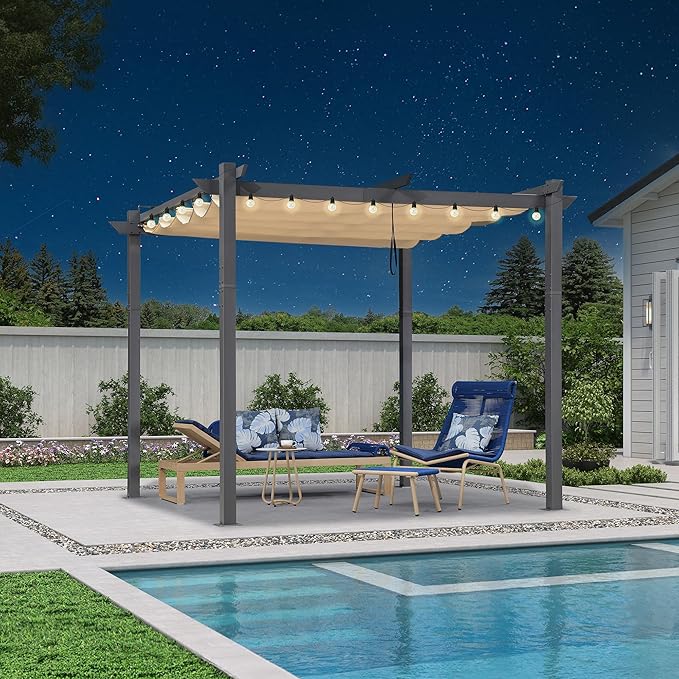 PURPLE LEAF 10' x 10' Aluminum Outdoor Pergola Modern Grape Trellis Retractable Pergola with Double Sun Shade Canopy Metal Pergola with Light for Patios Backyard Deck Garden, Khaki