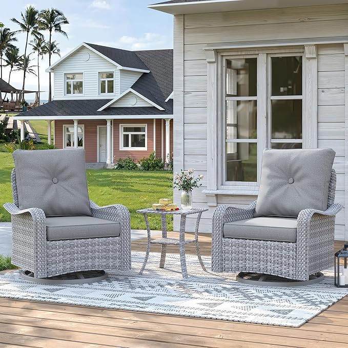 2-Seat Modern Patio Furniture Set with Swivel Rocking Chairs, Thick 4″ Cushions, Dual-Strand Wicker Rattan, Rust-Resistant Steel Frame – Outdoor Conversation & Modular Sectional,Gray