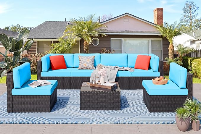 Vongrasig 7 Pieces Outdoor Patio Furniture Sets, Outdoor Sectional Rattan Sofa, PE Manual Weaving Wicker Patio Conversation Set with Cushion, Glass Table, Red Pillow (Blue)