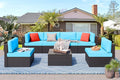 Vongrasig 7 Pieces Outdoor Patio Furniture Sets, Outdoor Sectional Rattan Sofa, PE Manual Weaving Wicker Patio Conversation Set with Cushion, Glass Table, Red Pillow (Blue)