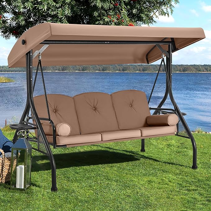 HOMREST 3 Seat Outdoor Porch Swing with Adjustable Canopy, Convertible Patio Swing Bed with Stand, Patio Glider Swing with Upgraded Cup Holder, Thicken Cushions ＆ Pillow for Backyard (Brown)