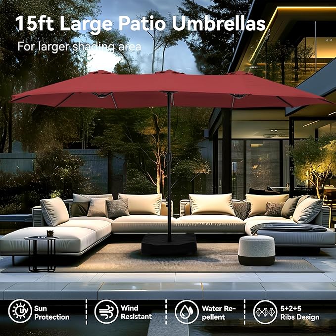PHI VILLA 15ft Patio Umbrella Double-Sided Outdoor Market Extra Large Umbrella with Crank, Umbrella Base Included (Dark Red)