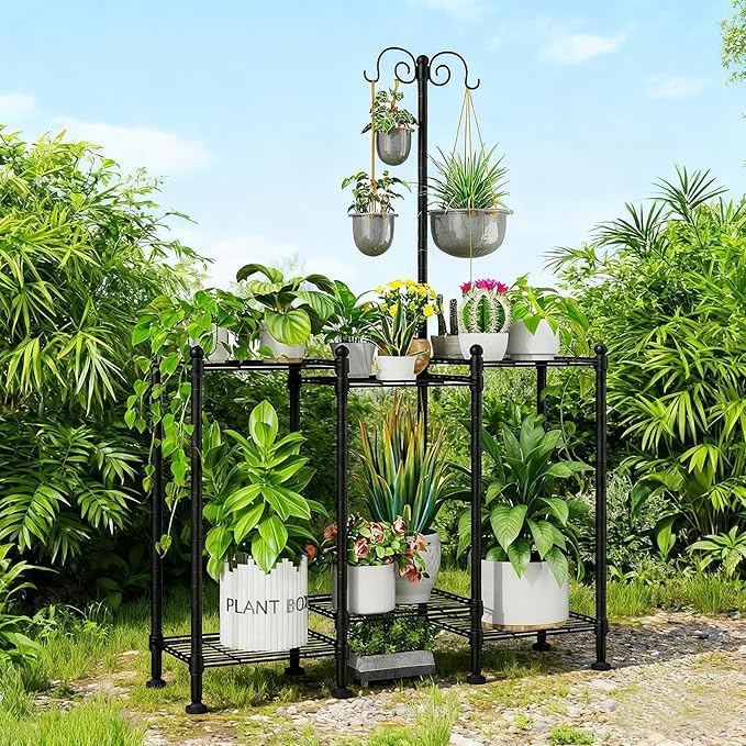 Plant Stand Indoor Outdoor, Heavy Duty Metal Waterproof 6 Tiered Plant Shelf for Multiple Flower Planter Holder Rack, Black - C6