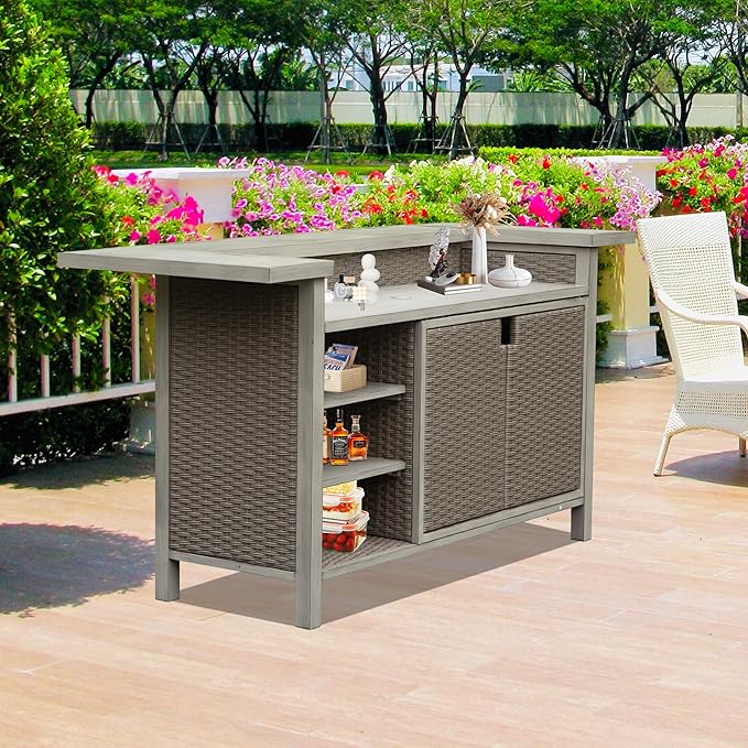Domi Patio Bar Table, Outdoor Aluminum PE Wicker Bar Cart with Cabinet, All Weather Use Storage Patio Cabinet for Patio Kitchen or Bar Cart, Wood Grain